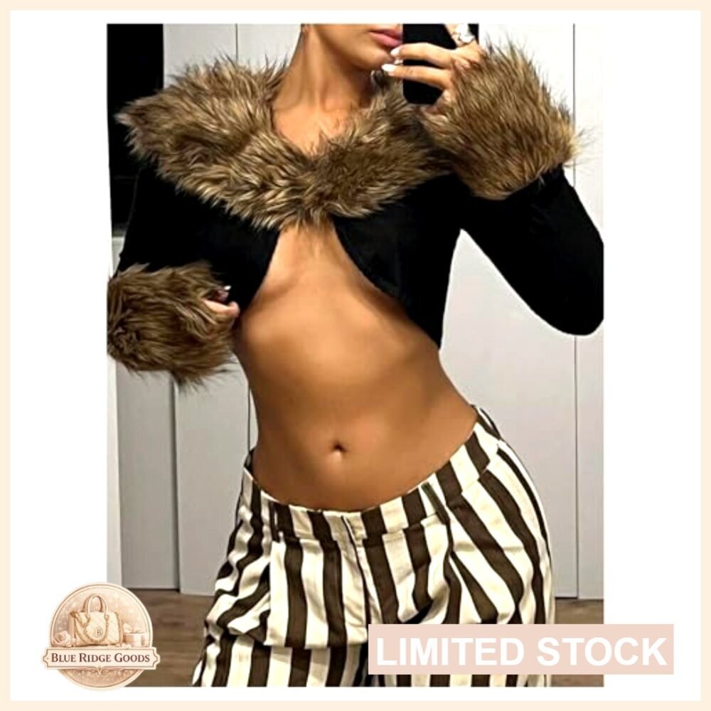 Fuzzy Cropped Cardigan Open Front Long Sleeve Knitwear Chic Fall Outerwear - Picture 4 of 5